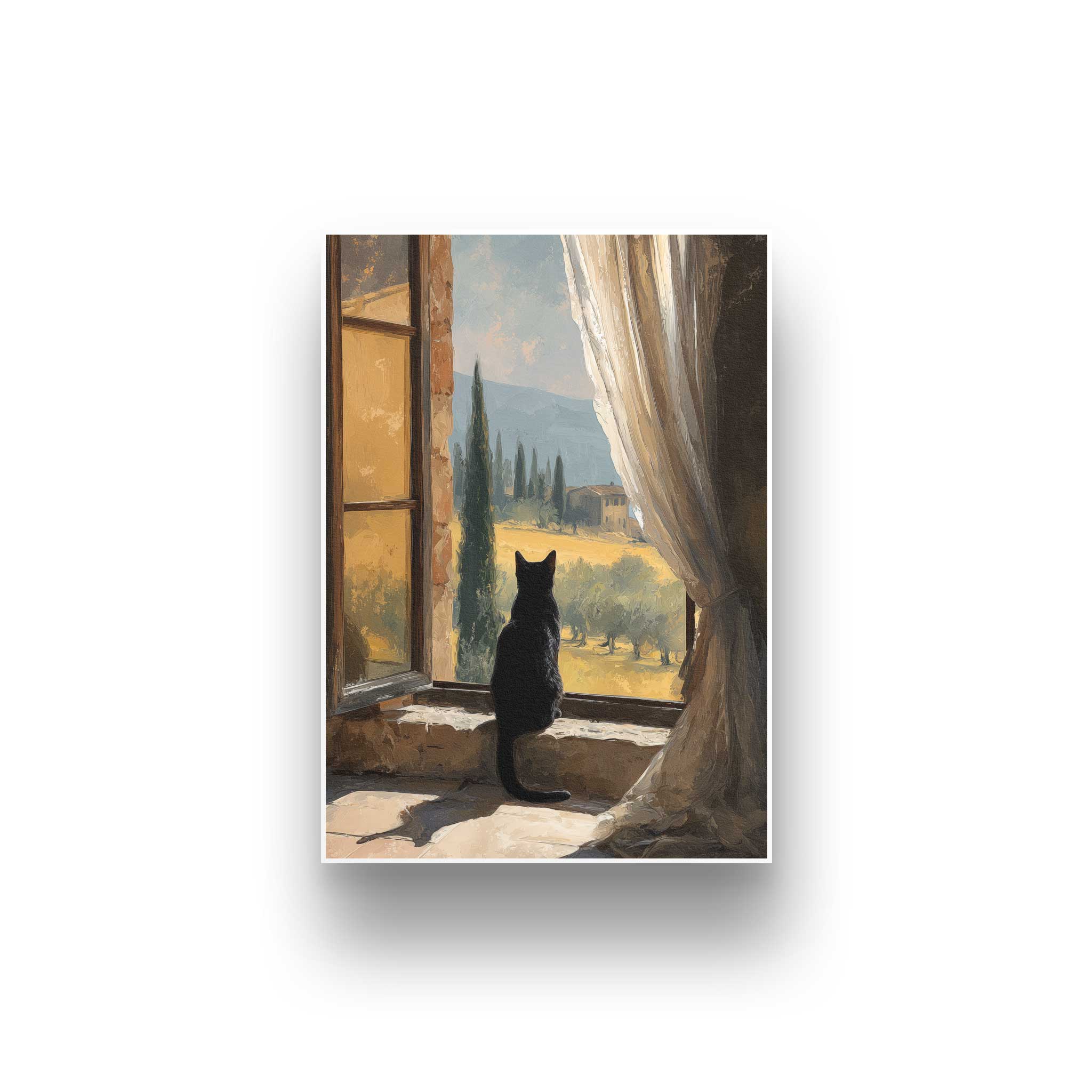 Frontale Ansicht des ungerahmten A4 Kunstdrucks von GHG Supplies. Eine schwarze Katze sitzt auf einem rustikalen Steinfensterbrett und blickt auf eine toskanische Landschaft mit Zypressen.