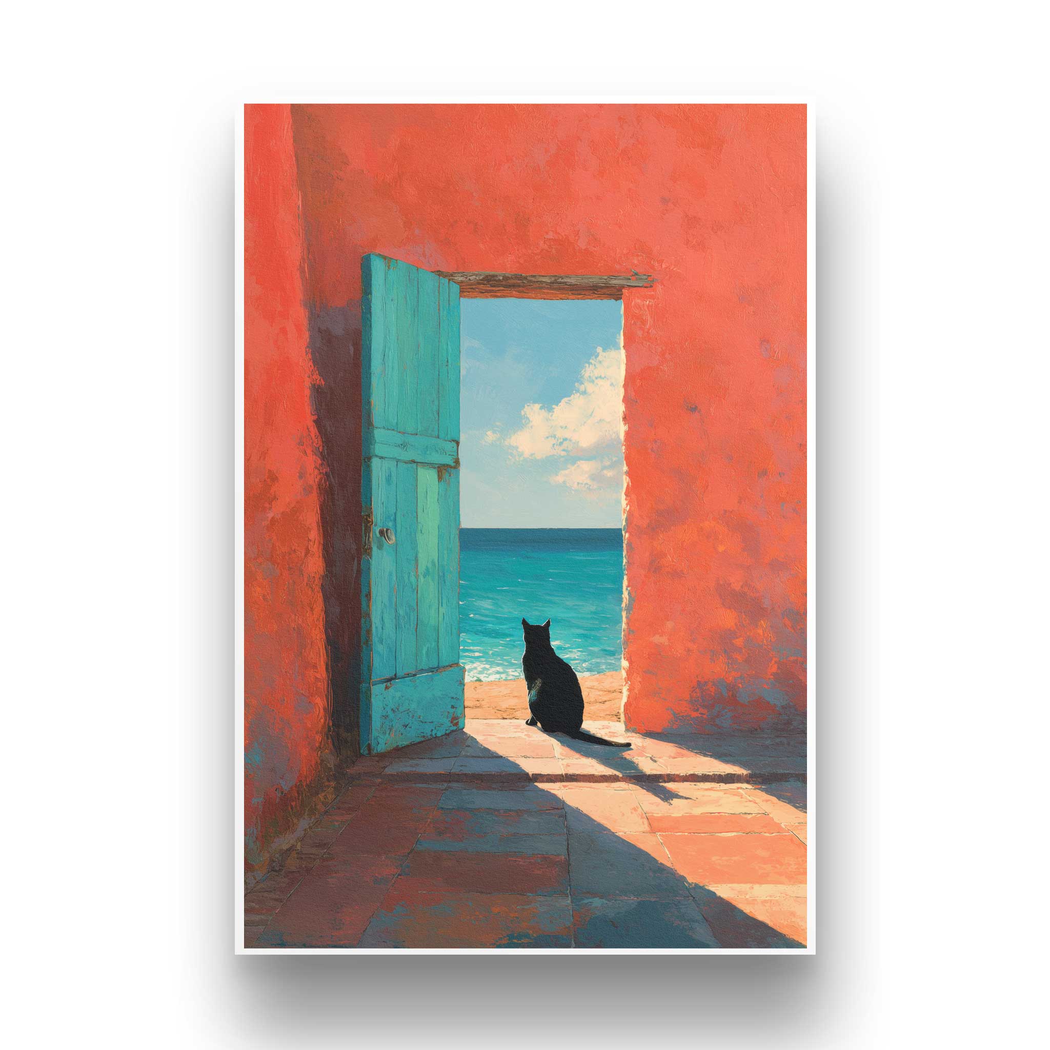 Vorderansicht des ungerahmten mediterranen Kunstdrucks von GHG Supplies. Eine schwarze Katze blickt durch eine offene türkisfarbene Tür auf das strahlend blaue Meer, gedruckt auf Hahnemühle-Papier mit feinem weißen Rand.