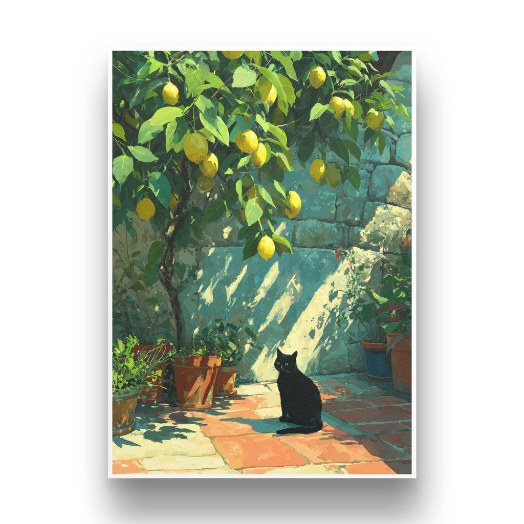 Frontale Ansicht des ungerahmten A3 Kunstdrucks mit feinem weißen Galerie-Rand. Das malerische Motiv zeigt eine schwarze Katze und einen gelben Zitronenbaum in der Sonne.