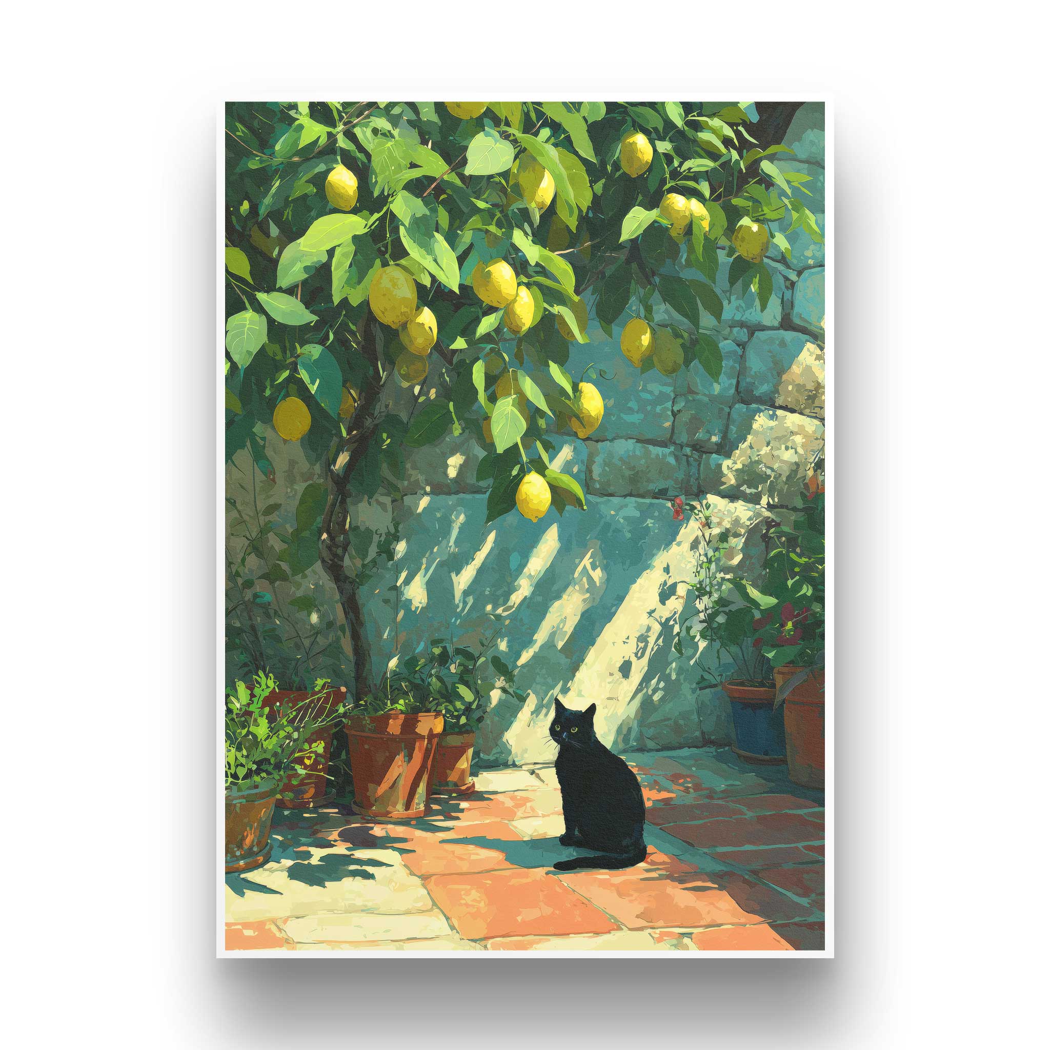 Frontale Ansicht des ungerahmten A3 Kunstdrucks mit feinem weißen Galerie-Rand. Das malerische Motiv zeigt eine schwarze Katze und einen gelben Zitronenbaum in der Sonne.