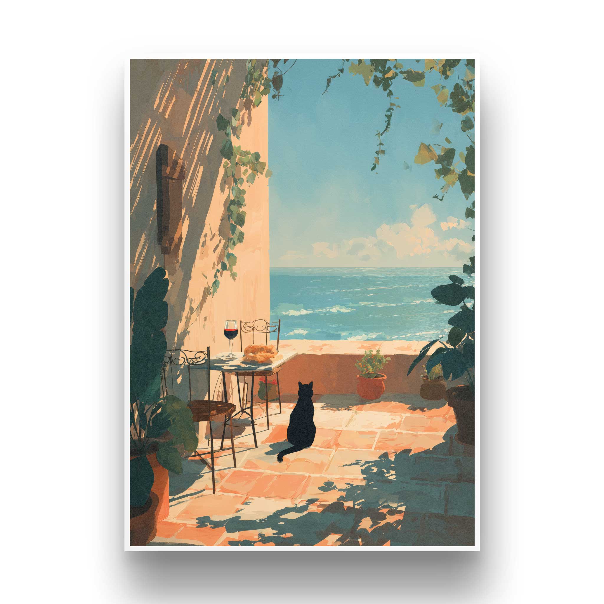 Frontale Ansicht des ungerahmten A3 Kunstdrucks mit feinem weißen Galerie-Rand. Das malerische Sommer-Motiv zeigt eine Terrasse am Meer mit einer sitzenden Katze von hinten.