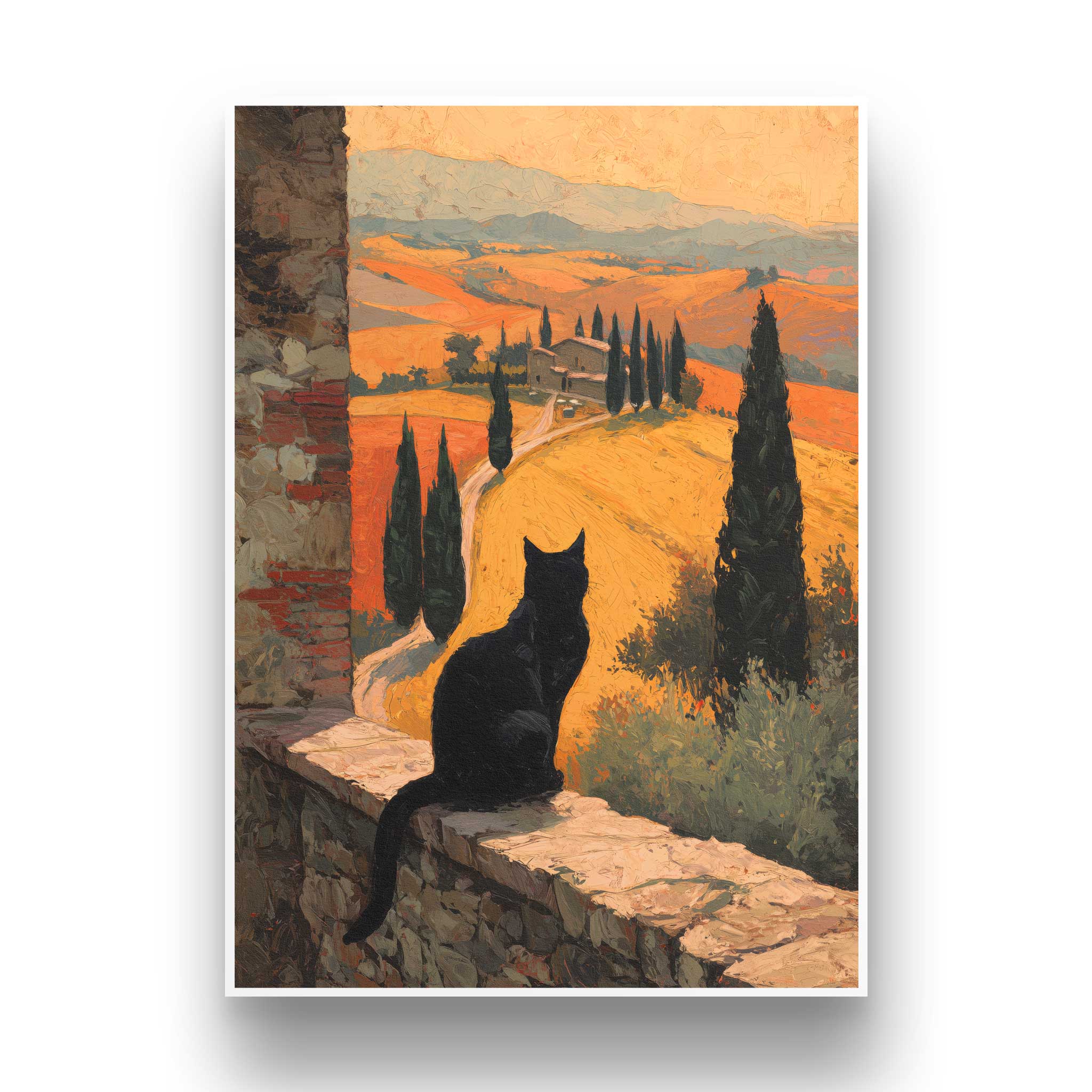 Frontale Ansicht des ungerahmten A3 Kunstdrucks mit feinem weißen Galerie-Rand. Das malerische Motiv zeigt die warme Hügellandschaft Italiens und eine Katze von hinten.