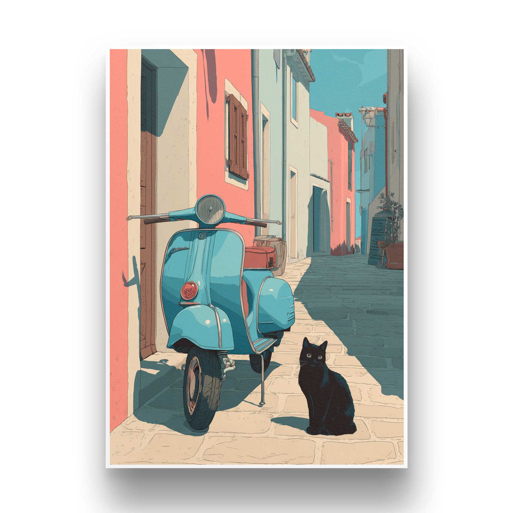 Frontale Ansicht des ungerahmten A3 Kunstdrucks mit feinem weißen Galerie-Rand. Das nostalgische Motiv zeigt eine malerische südländische Straße mit einem Retro-Roller.