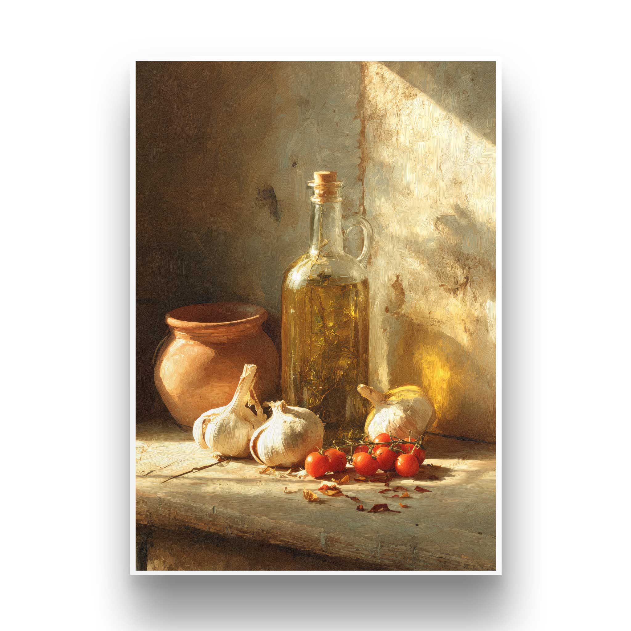 Frontale Ansicht des ungerahmten A3 Küchenposters mit feinem weißen Galerie-Rand. Das klassische Ölmalerei-Motiv zeigt eine Küchen-Szene im warmen Chiaroscuro-Licht.