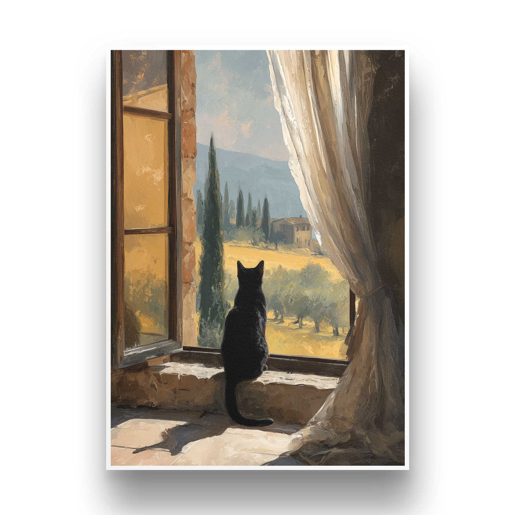Frontale Ansicht des ungerahmten A3 Kunstdrucks mit feinem weißen Galerie-Rand. Das malerische Motiv zeigt eine Katze am offenen Fenster mit Blick auf eine italienische Steinvilla.