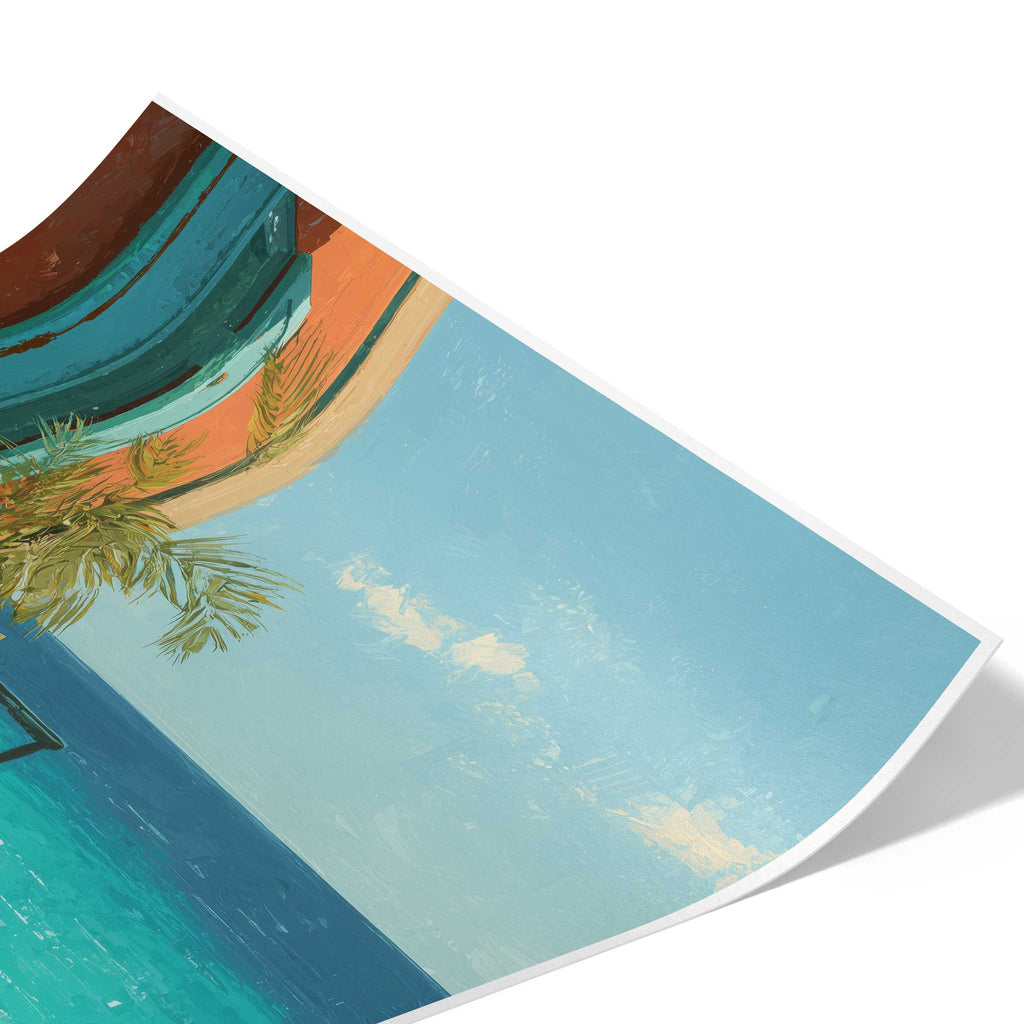 Detailaufnahme des Posters zur Veranschaulichung der seidenmatten Hahnemühle Photo Luster 260 Papierstruktur, zeigt den strahlend blauen Himmel und die Kante der türkisfarbenen Fensterläden.