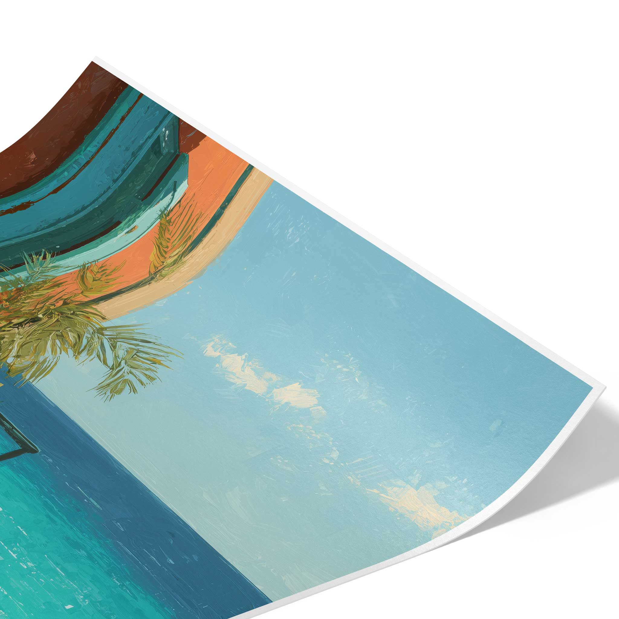 Detailaufnahme des Posters zur Veranschaulichung der seidenmatten Hahnemühle Photo Luster 260 Papierstruktur, zeigt den strahlend blauen Himmel und die Kante der türkisfarbenen Fensterläden.