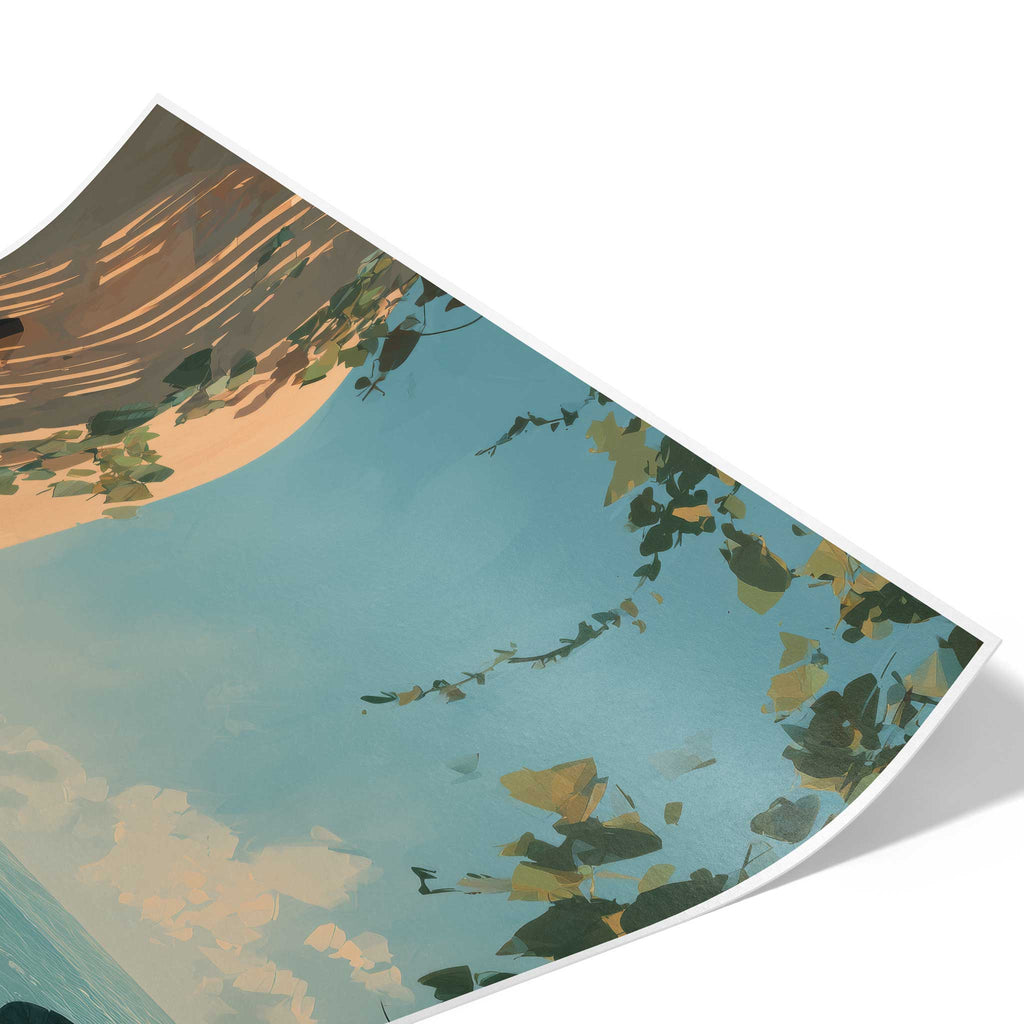 Detailaufnahme des Posterdrucks zur Veranschaulichung der seidenmatten Hahnemühle Photo Luster 260 Papierstruktur mit Fokus auf den hellblauen Himmel und die herabhängenden Blattranken.