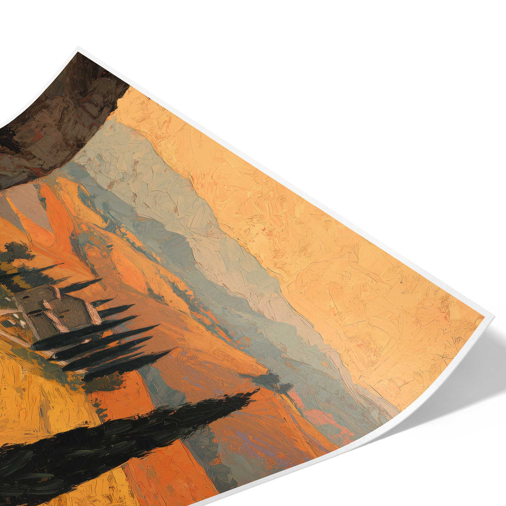 Detailaufnahme des Posterdrucks zur Veranschaulichung der seidenmatten Hahnemühle Photo Luster 260 Papierstruktur mit Fokus auf die sanften Hügelketten im Hintergrund und den warmen Abendhimmel.