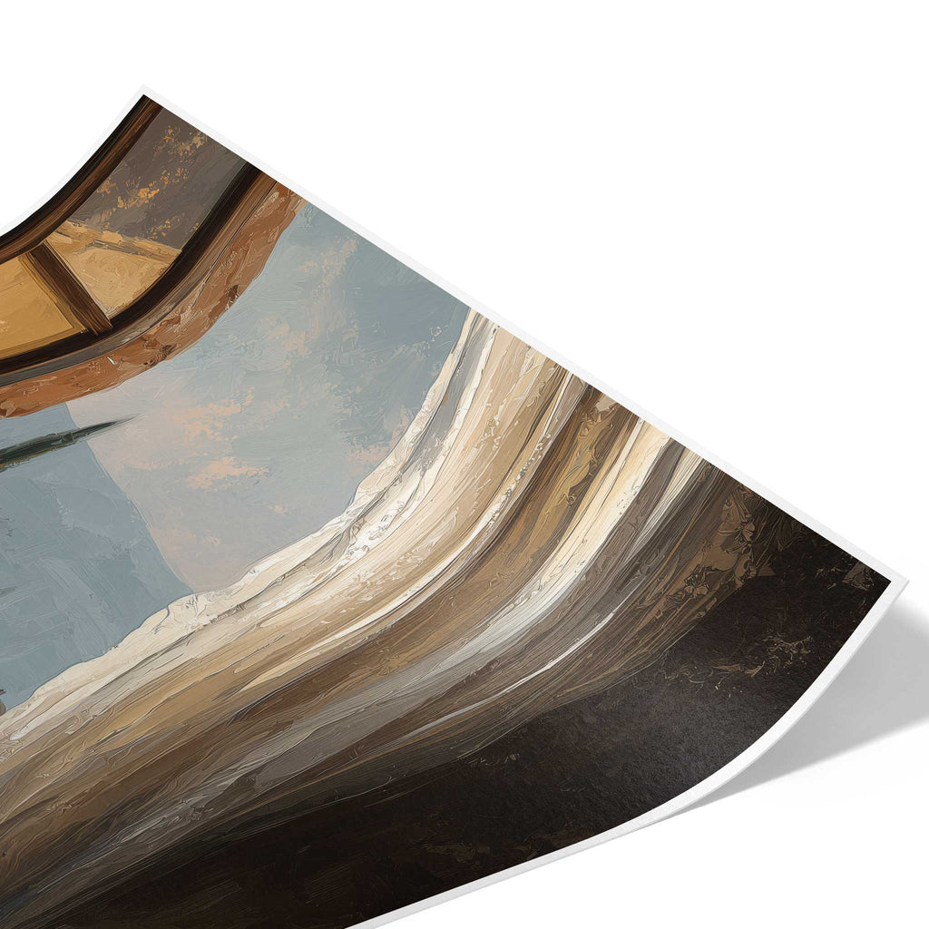 Detailaufnahme des Posterdrucks zur Veranschaulichung der seidenmatten Hahnemühle Photo Luster 260 Papierstruktur mit Fokus auf die feine Struktur des hellen Vorhangs.