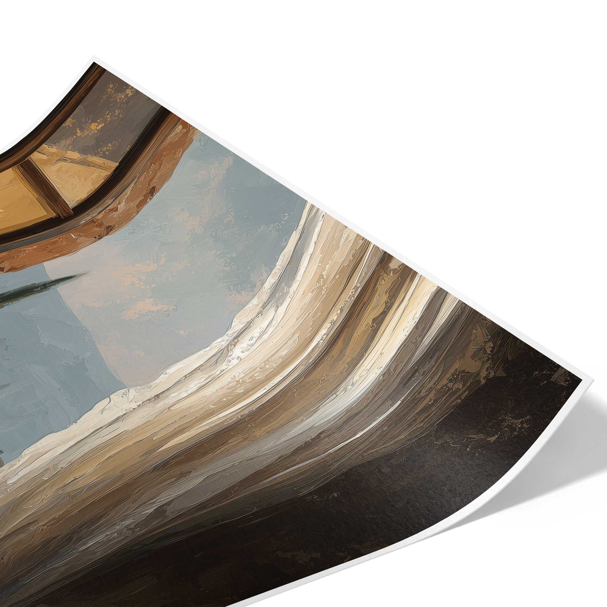 Detailaufnahme des Posterdrucks zur Veranschaulichung der seidenmatten Hahnemühle Photo Luster 260 Papierstruktur mit Fokus auf die feine Struktur des hellen Vorhangs.