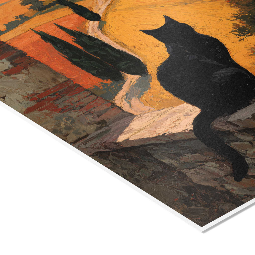 Nahaufnahme des Wandbilds mit Fokus auf die ausgeprägte Pinselstruktur der gemauerten Steinbrüstung und die Silhouette der schwarzen Katze im Profil.