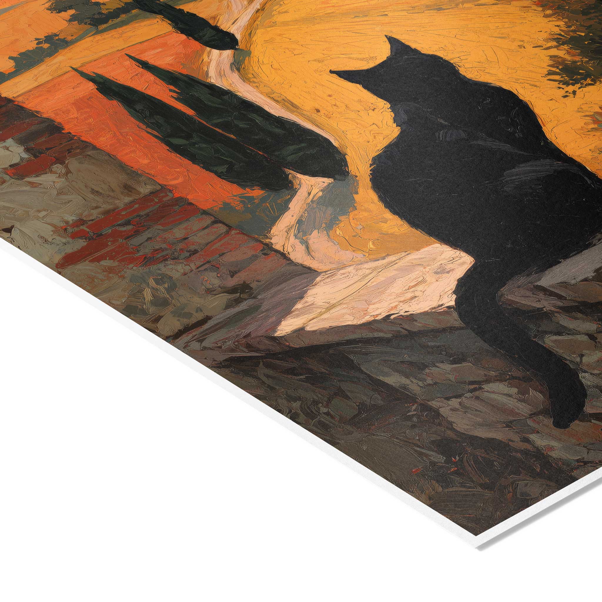 Nahaufnahme des Wandbilds mit Fokus auf die ausgeprägte Pinselstruktur der gemauerten Steinbrüstung und die Silhouette der schwarzen Katze im Profil.