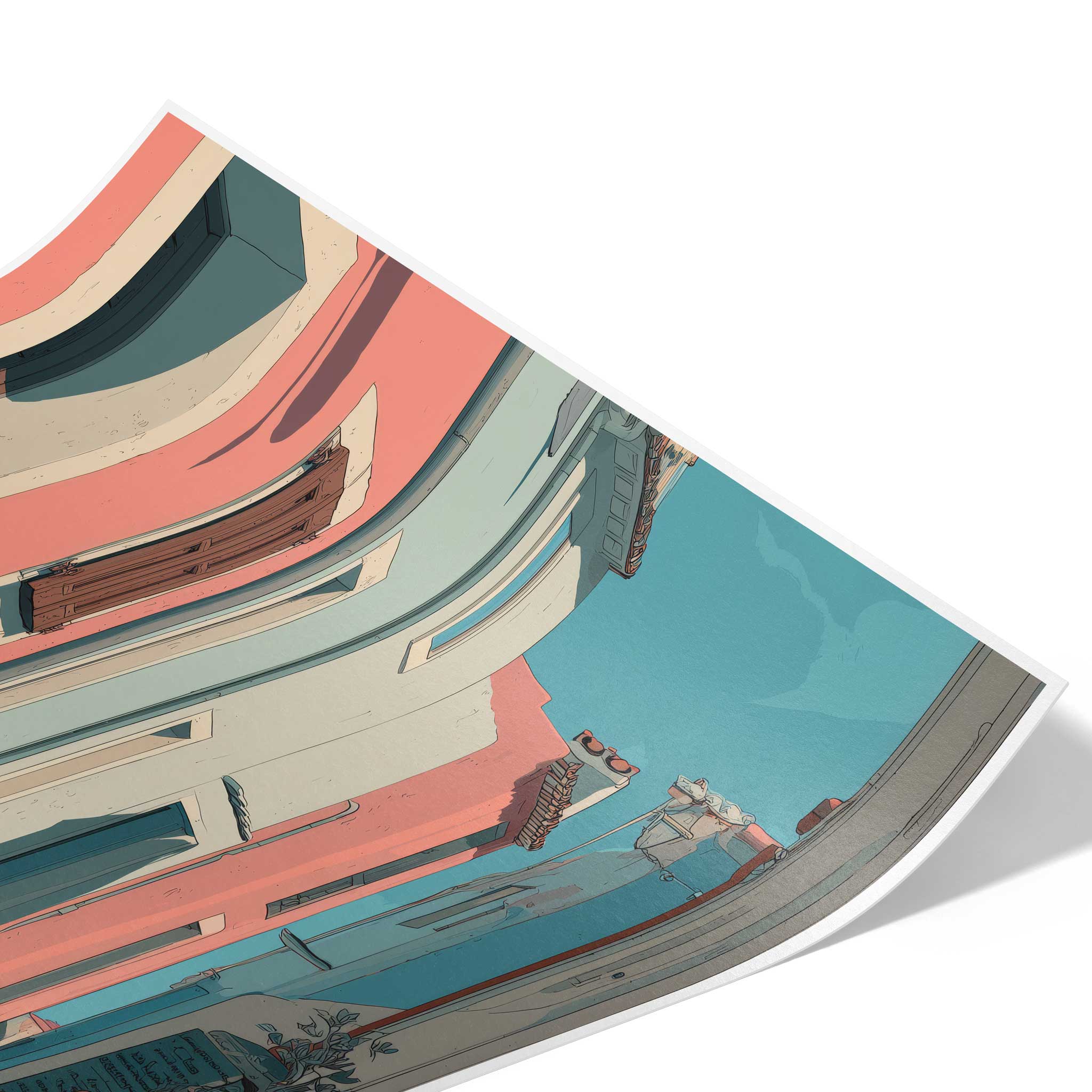 Detailaufnahme des Posterdrucks zur Veranschaulichung der seidenmatten Hahnemühle Photo Luster 260 Papierstruktur mit Fokus auf die pastellfarbenen Hauswände und den blauen Himmel.