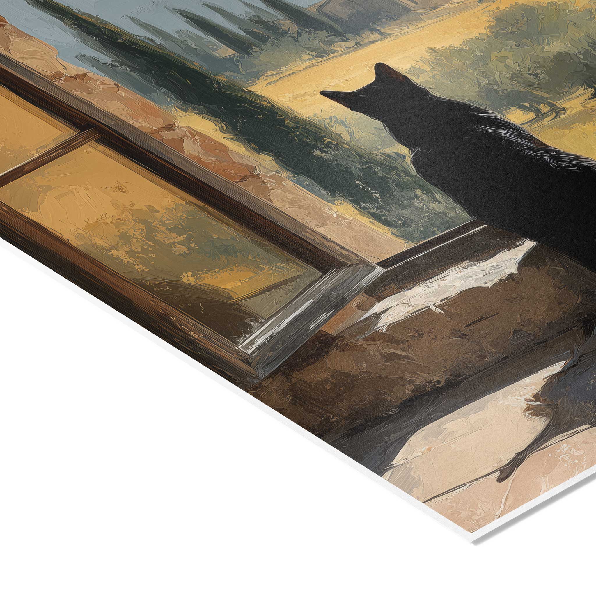 Nahaufnahme des Wandbilds mit Fokus auf die dicken Pinselstriche des hölzernen Fensterrahmens und der Silhouette der schwarzen Katze von hinten.