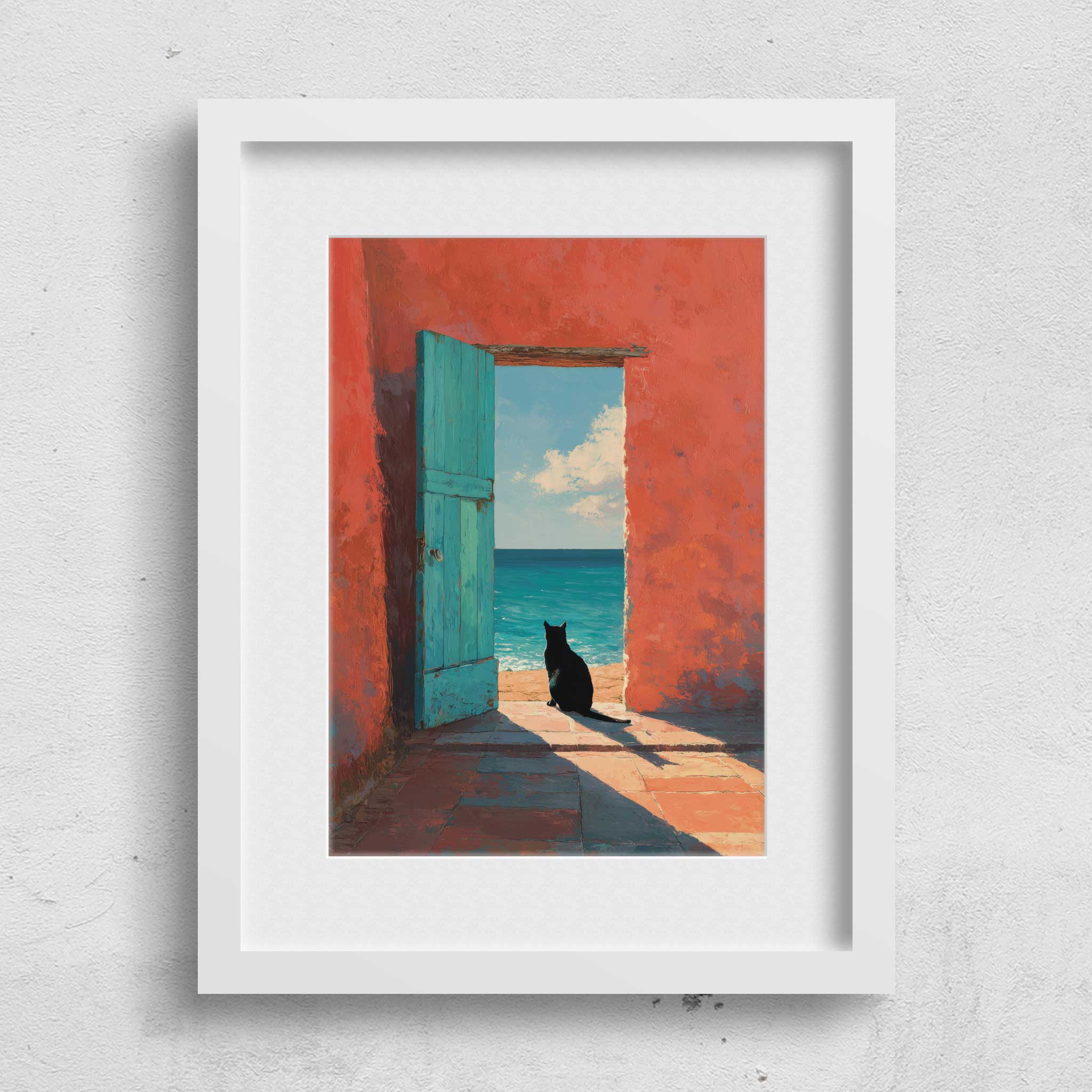 Dekorationsbeispiel des mediterranen Katze-Wandbilds, stilvoll präsentiert in einem modernen weißen Bilderrahmen an einer strukturierten Betonwand.