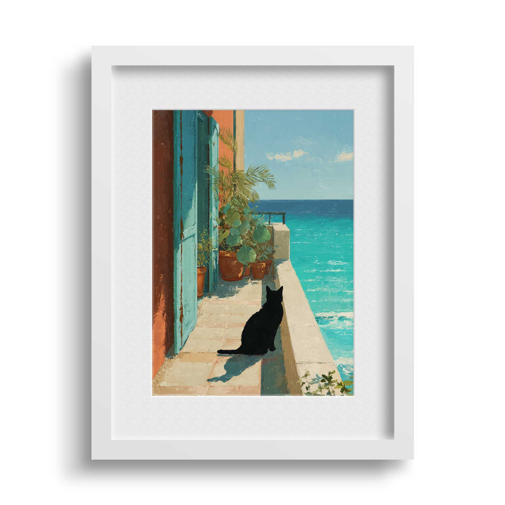 Dekorationsbeispiel des mediterranen Kunstdrucks mit Katze am Meer, stilvoll präsentiert in einem modernen weißen Bilderrahmen an einer strukturierten hellen Wand.