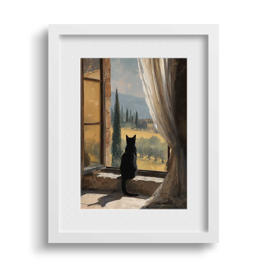 Dekorationsbeispiel des Toskana-Kunstdrucks mit Katze am Fenster, stilvoll präsentiert in einem modernen weißen Bilderrahmen an einer hellen Wand.