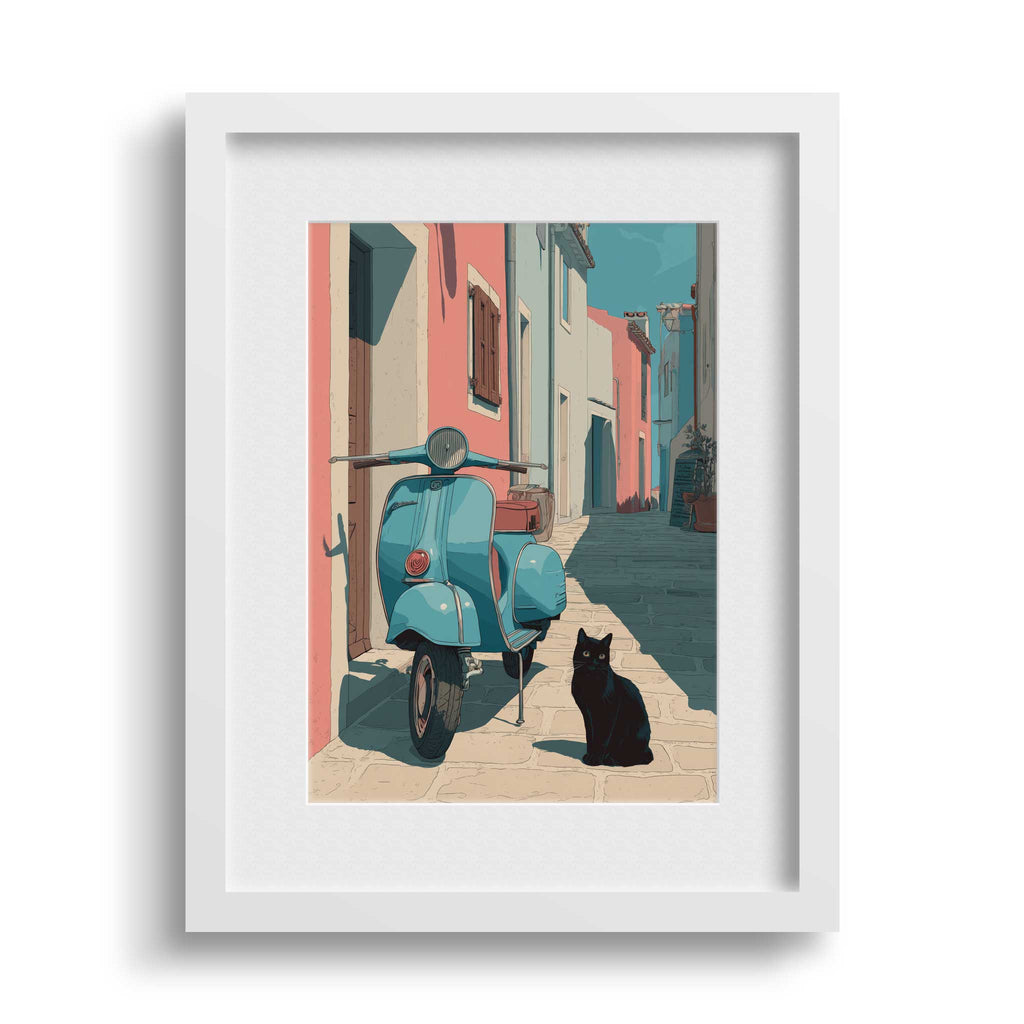 Dekorationsbeispiel des Italien-Kunstdrucks mit Katze und Motorroller, stilvoll präsentiert in einem modernen weißen Bilderrahmen an einer strukturierten Wand.