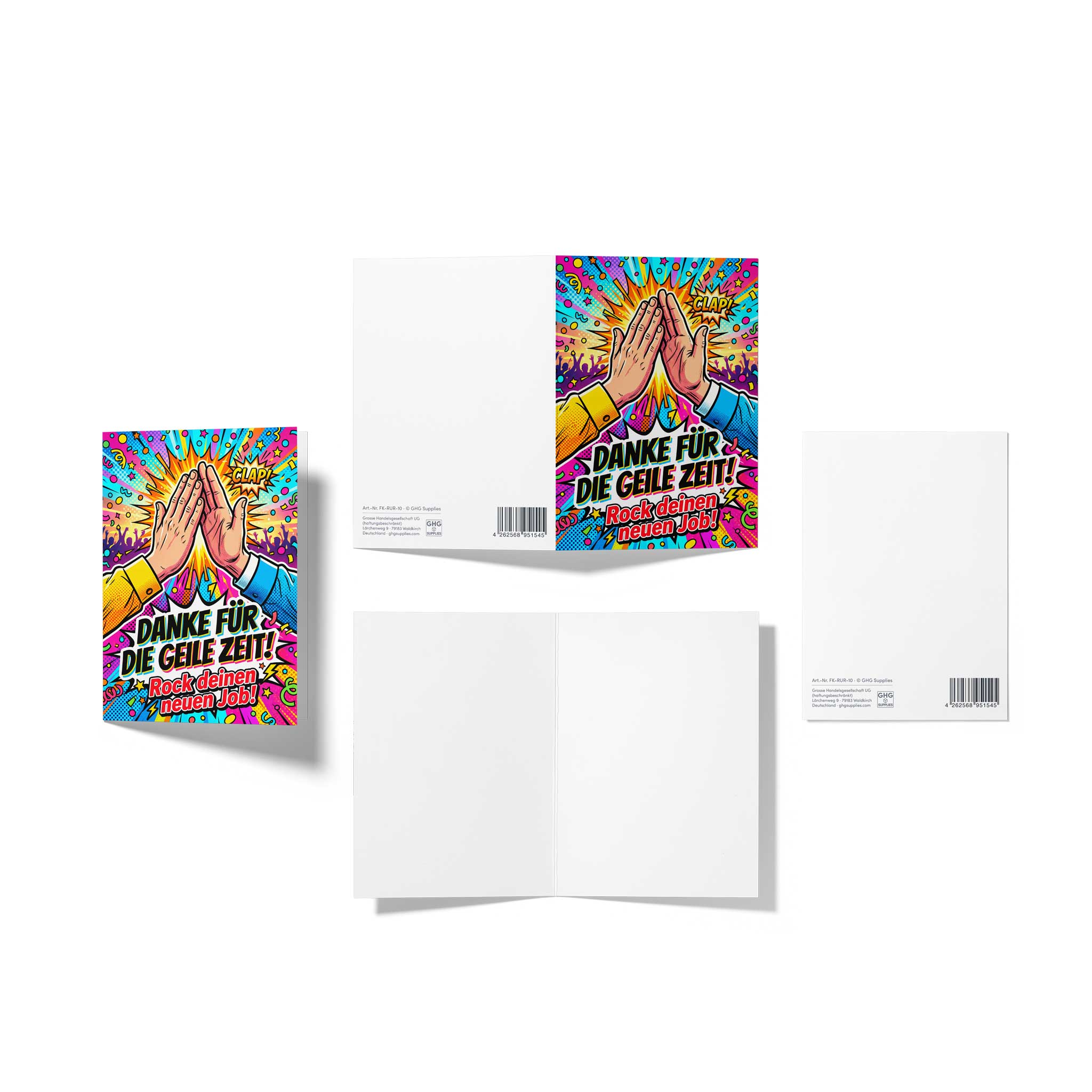 Mehrteilige Produktansicht der Comic-Abschiedskarte: Zeigt das energiegeladene High-Five-Motiv, die unbedruckte weiße Innenseite und die Rückseite mit der Artikelnummer FK-RUR-10 und dem EAN-Barcode.