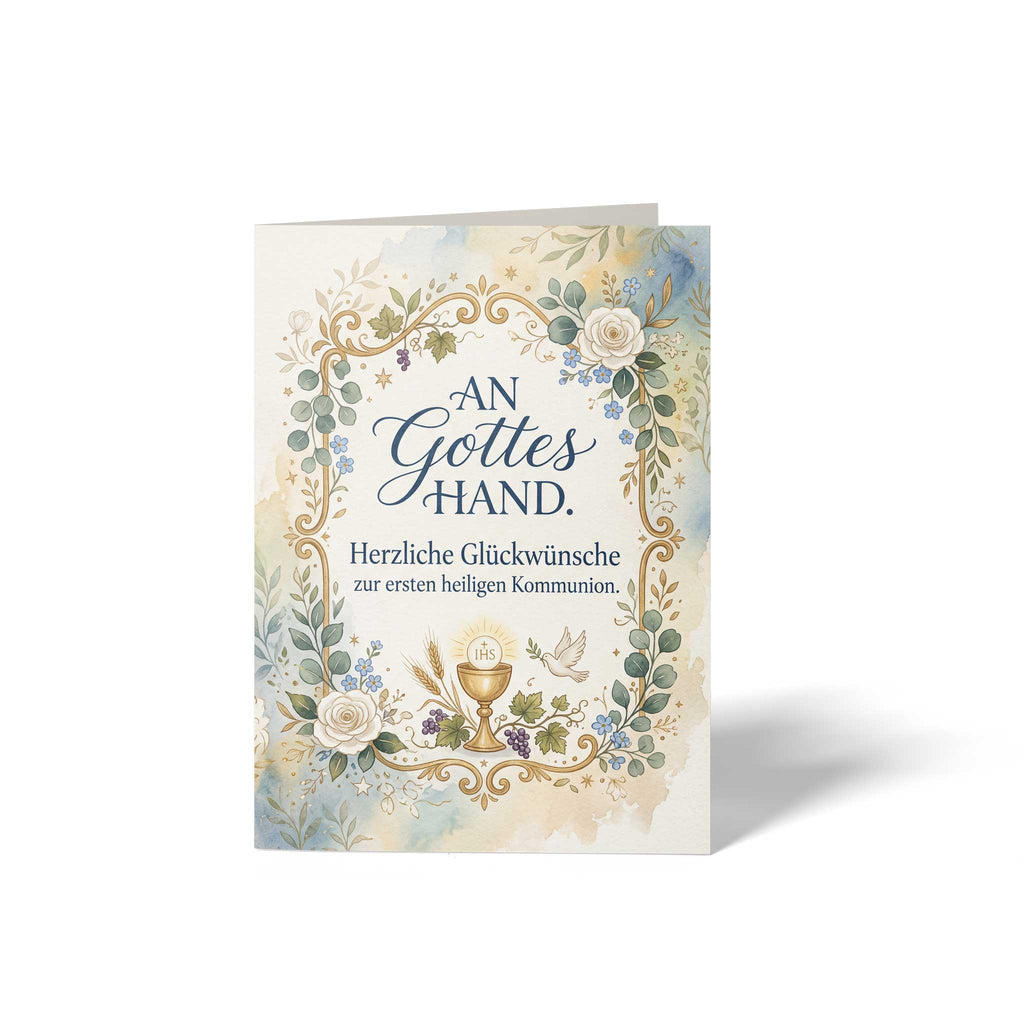 Vorderseite der geschlossenen A6 Glückwunschkarte zur ersten heiligen Kommunion von GHG Supplies. Ein florales Aquarell-Rahmenmotiv mit Kelch und Taube umgibt den Spruch An Gottes Hand. Herzliche Glückwünsche zur ersten heiligen Kommunion.