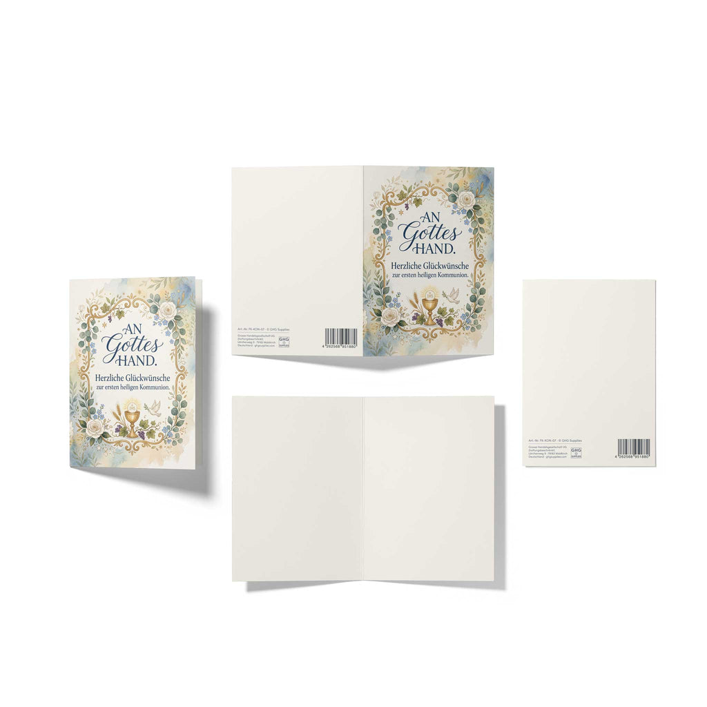 Mehrteilige Produktansicht der Kommunionkarte auf Soft-White Papier: Zeigt die kunstvolle Vorderseite, die komplett unbedruckte weiße Innenseite und die Rückseite mit der Artikelnummer FK-KON-07 und dem EAN-Barcode.