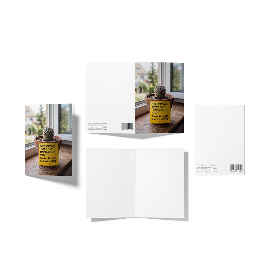 Mehrteilige Produktansicht der humorvollen Abschiedskarte mit Kaktus-Motiv: Zeigt die detailreiche Vorderseite, die komplett unbedruckte weiße Innenseite und die Rückseite mit der Artikelnummer FK-RUR-08 und dem EAN-Barcode.