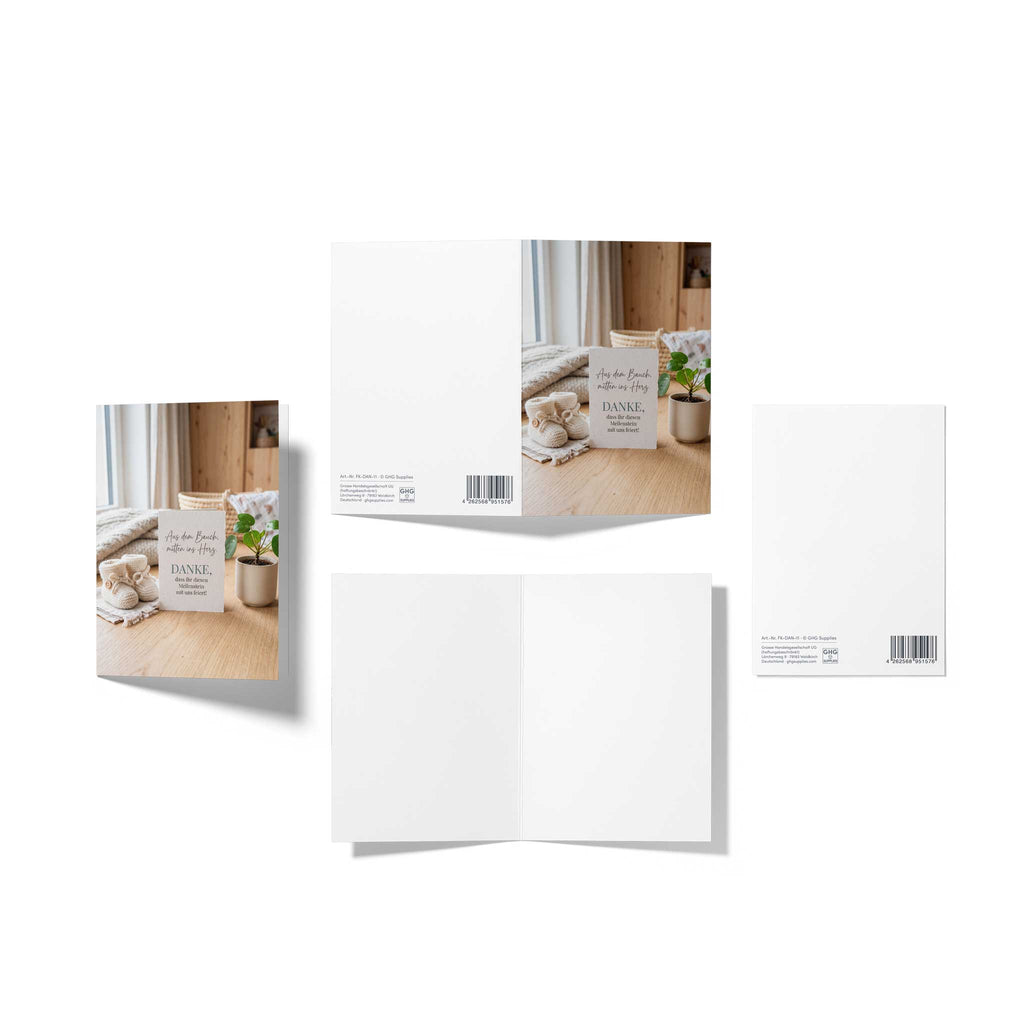 Mehrteilige Produktansicht der Meilenstein-Dankeskarte: Zeigt das helle Fotomotiv der Vorderseite, die komplett unbedruckte weiße Innenseite und die Rückseite mit der Artikelnummer FK-DAN-11 und dem EAN-Barcode.