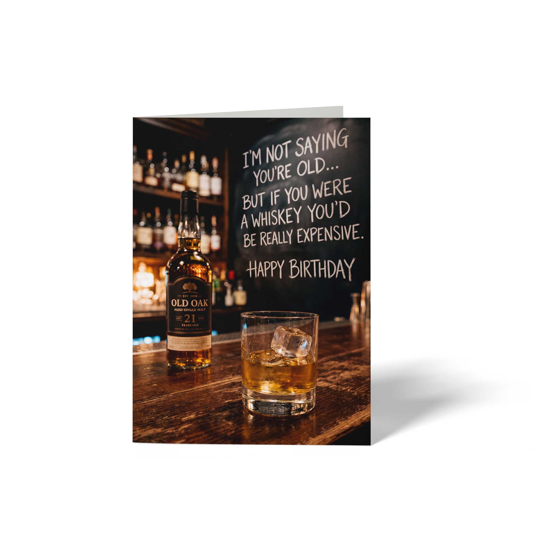 A6 Karte Geburtstag mit Vintage-Whiskey-Motiv und Spruch, Vorderseite