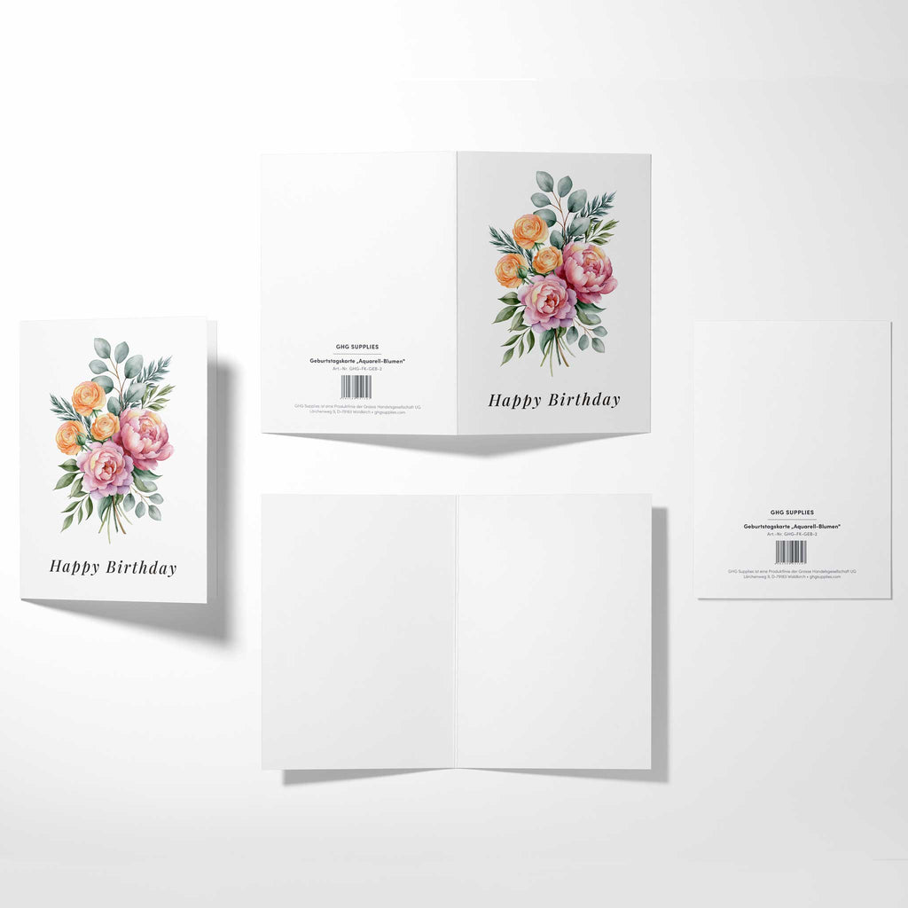 Geburtstagskarte „Aquarell-Blumen" B6 von allen Seiten