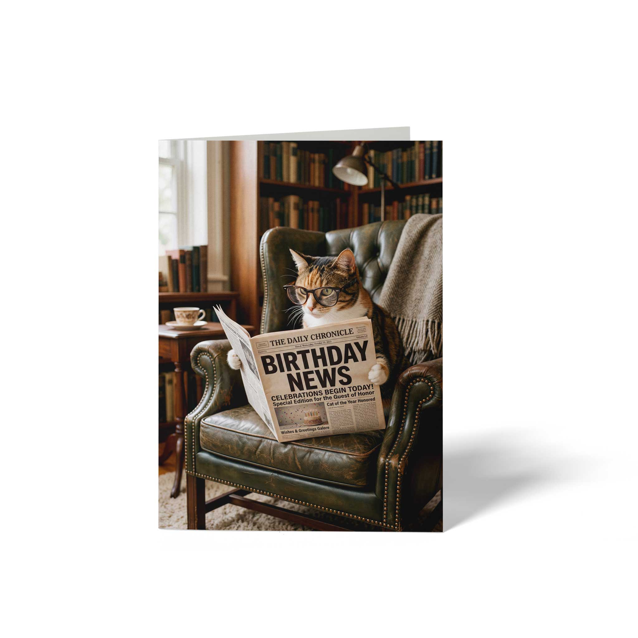 Vorderseite der geschlossenen A6 Geburtstagskarte von GHG Supplies. Eine schildpattfarbene Katze mit Brille sitzt im Ledersessel und liest eine Zeitung mit der Schlagzeile Birthday News.