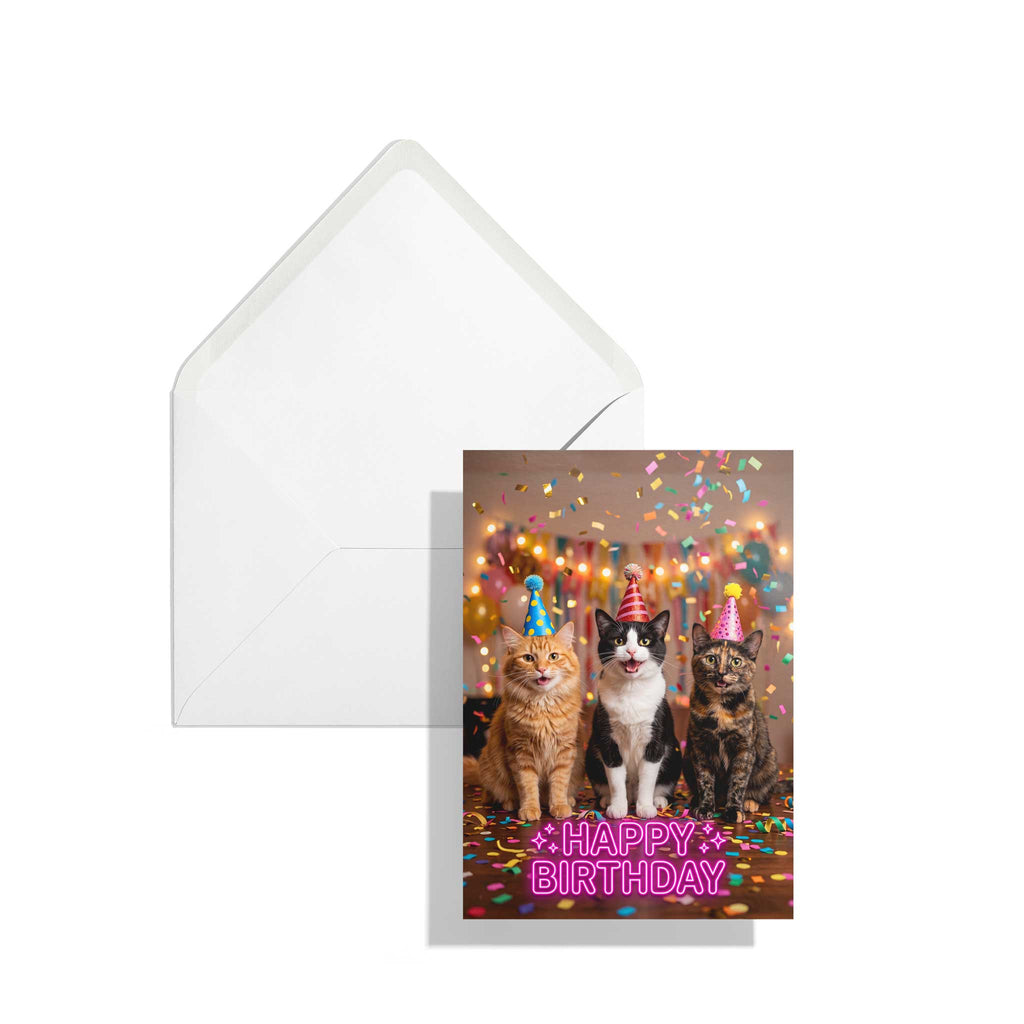 Die hochformatige A6 Faltkarte mit dem dreifachen Katzen-Geburtstagsmotiv liegt leicht versetzt auf einem passenden, klassischen weißen Briefumschlag vor rein weißem Hintergrund.