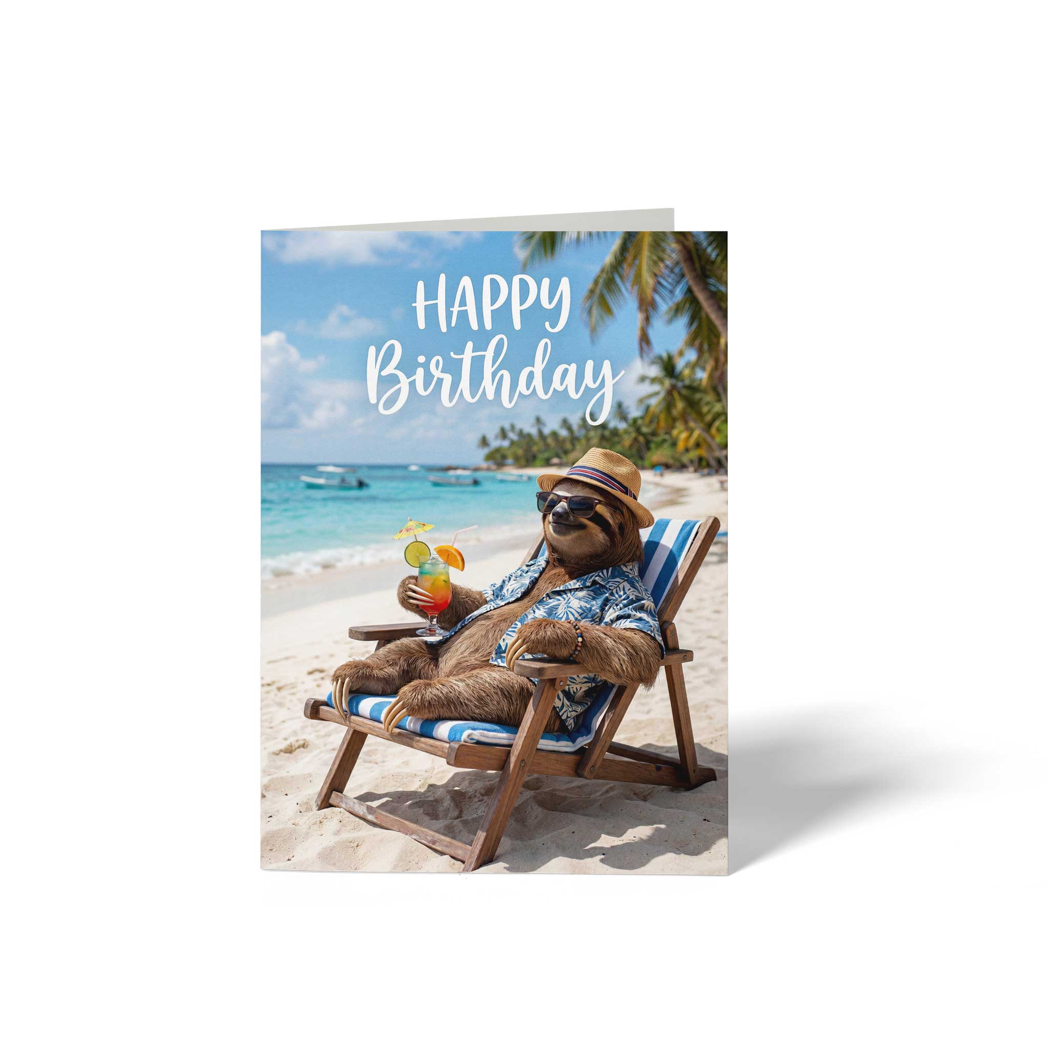 A6 Karte Geburtstag mit Faultier im Liegestuhl am Strand, Vorderseite