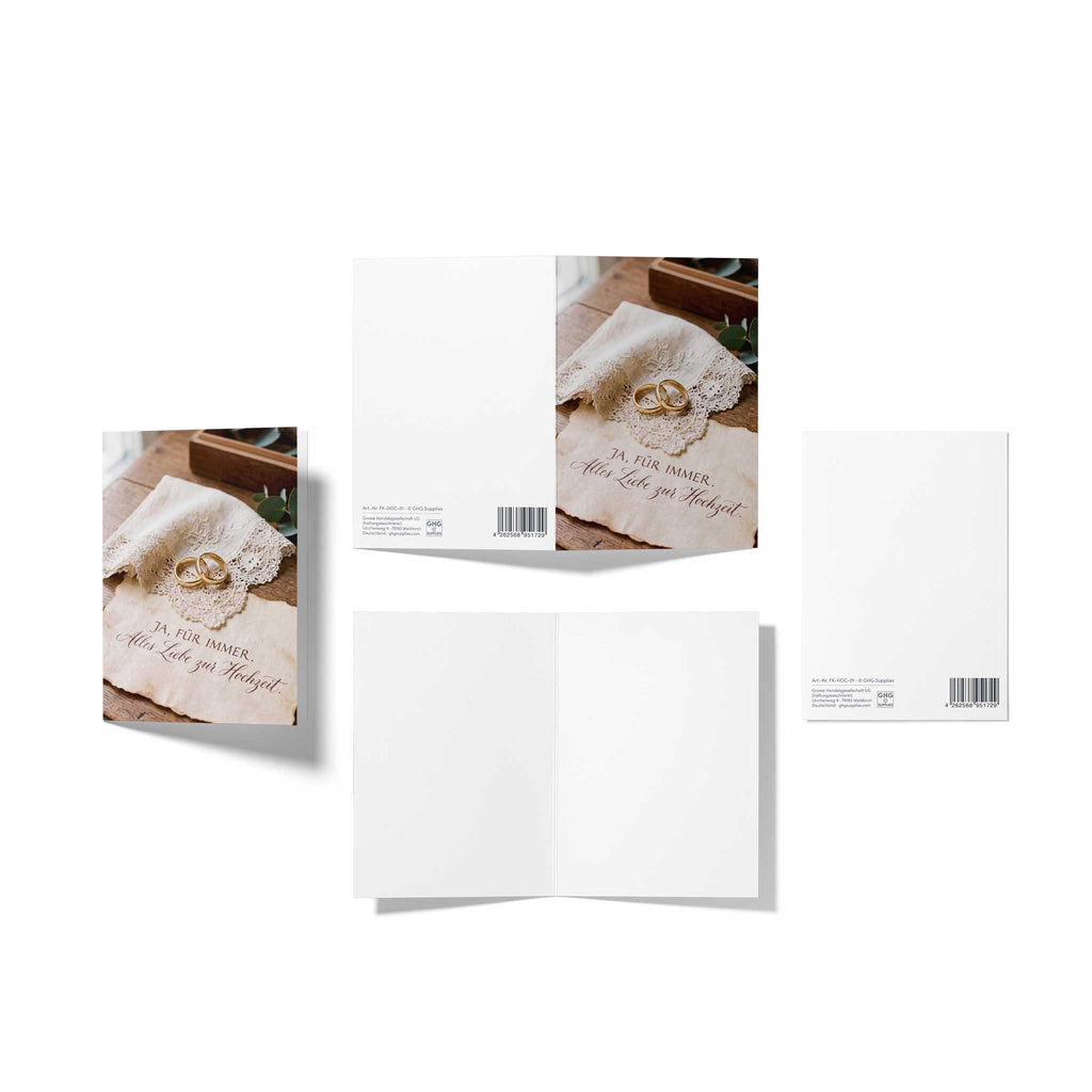 Mehrteilige Produktansicht der Hochzeitsklappkarte: Gezeigt werden die elegante Vorderseite, die komplett unbedruckte weiße Innenseite sowie die Rückseite mit der Artikelnummer FK-HOC-01 und dem Barcode.