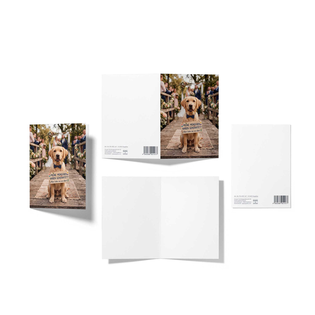 Mehrteilige Produktansicht der emotionalen Hunde-Hochzeitskarte: Zeigt das feine Labrador-Motiv auf der Außenseite, die unbedruckte weiße Innenseite und die Rückseite mit der Artikelnummer FK-HOC-07 und dem EAN-Barcode.