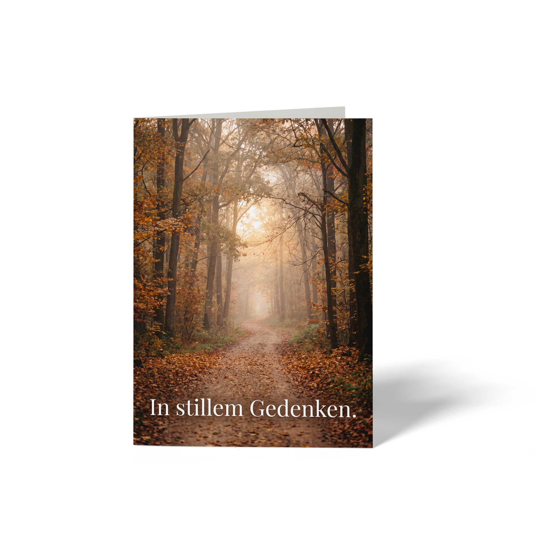 Vorderansicht der geschlossenen A6 Trauerkarte von GHG Supplies. Ein nebliger herbstlicher Waldweg im weichen Sonnenlicht mit dem weißen Schriftzug In stillem Gedenken.