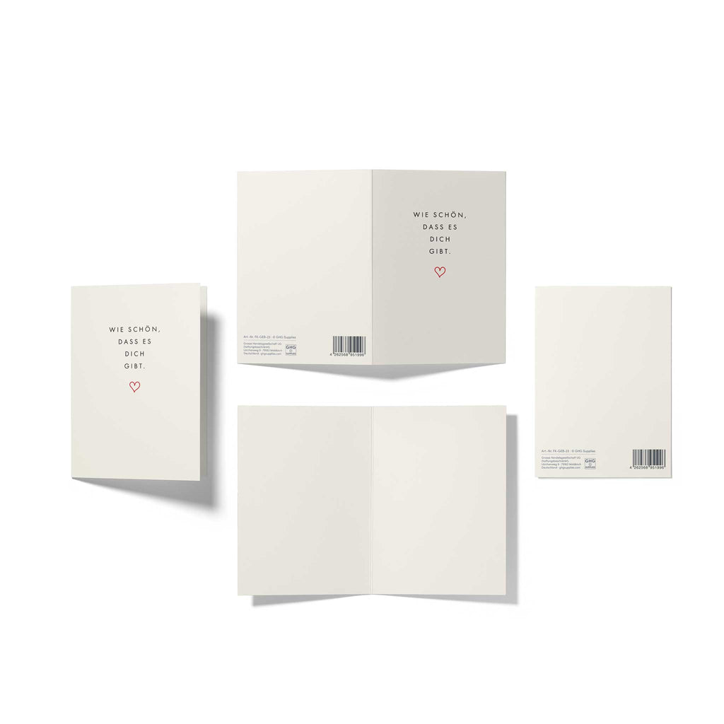 Mehrteilige Produktansicht der minimalistischen Spruch-Karte: Zeigt das feine Herz-Motiv, die unbedruckte naturweiße Innenseite und die Rückseite mit der Artikelnummer FK-GEB-23 und dem EAN-Barcode.
